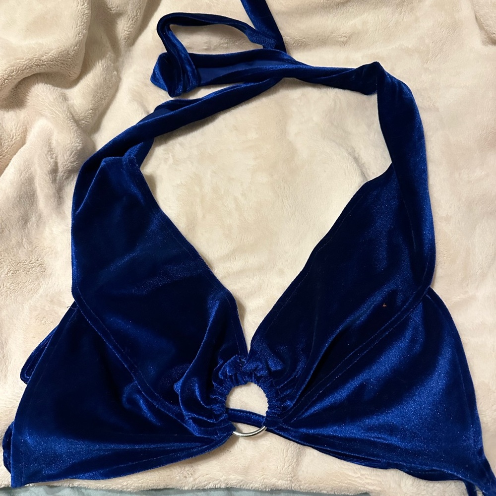 Velvet Blue halter top, open/tie back